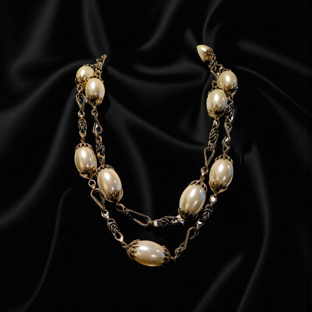Max Mara Weekend Long Pearl Wrap Necklace Gold Chain Statement